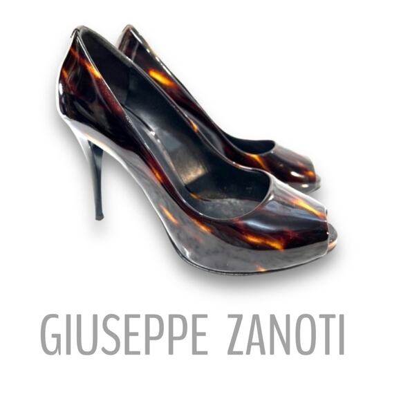 GIUSEPPE ZANOTTI Tortoise and Black Patent Peep Toe Heels SZ 7 - Picture 12 of 16